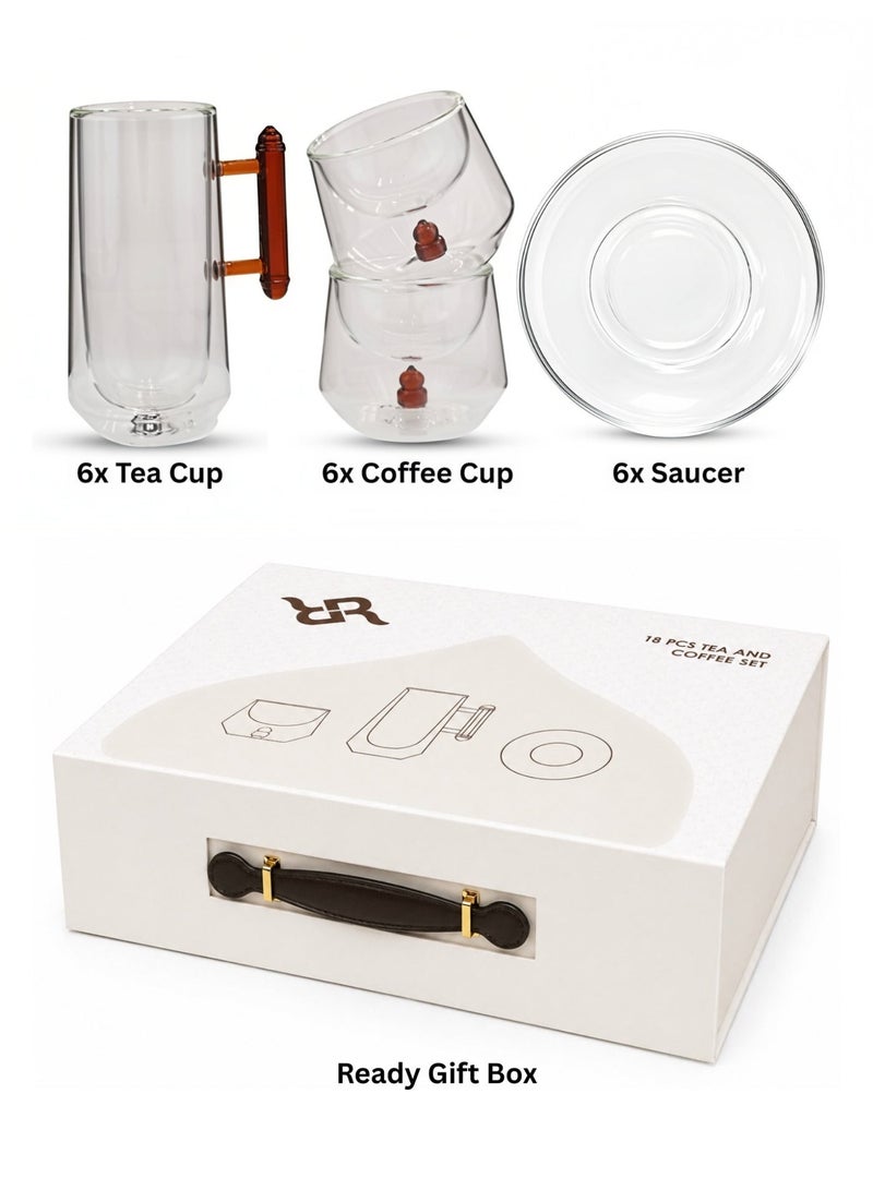 Raz 18 Pieces Tea & Coffee Serving Set – Masjid-Inspired Double-Layer Glass with Accent Handle & Saucer - Image 2