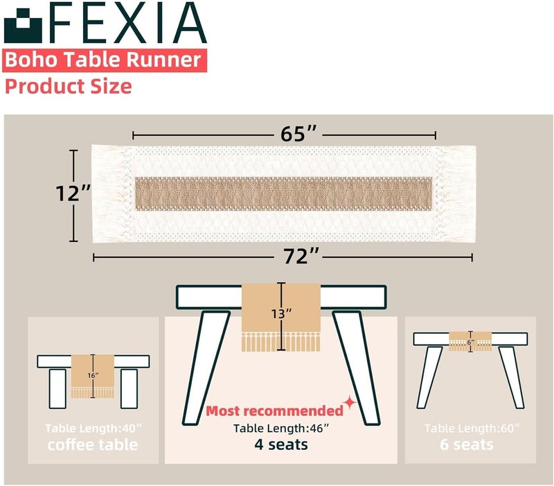 FEXIA - Burlap Cotton Table Runners - 30.5 x 183 cm - Rustic Boho Burlap Table Runners for Home - Kitchen, Dining, Coffee Table, Wedding Party, Outdoor Decoration - Brown - Image 2