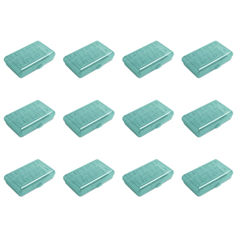 Sterilite Small Pencil Box Stackable Plastic Small Storage Container with Lid Organize Pens Pencils and Small Items Molokai Blue Tint 12Pack