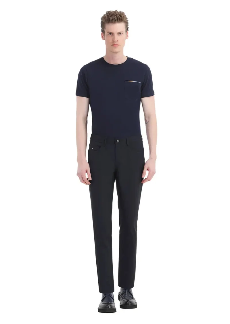 RAMSEY Navy Blue Weaving Slim Fit Casual Trousers