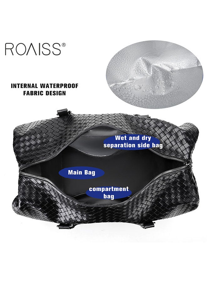 roaiss Men's Pu Leather Travel Handbag Large Capacity Woven Appearance Waterproof Shoulder Bag Detachable Shoulder Strap Sports And Fitness Bag - Image 3