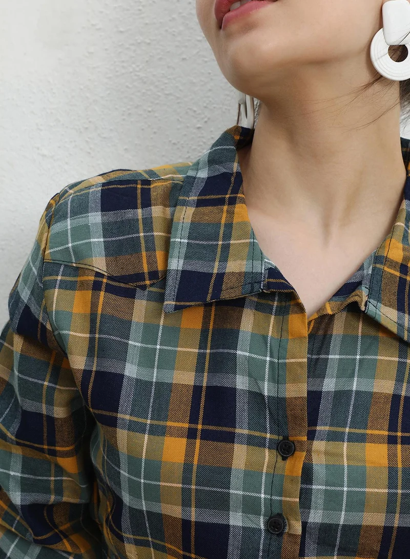PINACOLADA Women's Multicolour Tartan Plaid Cinched Cropped Shirt