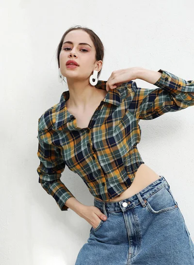 PINACOLADA Women's Multicolour Tartan Plaid Cinched Cropped Shirt