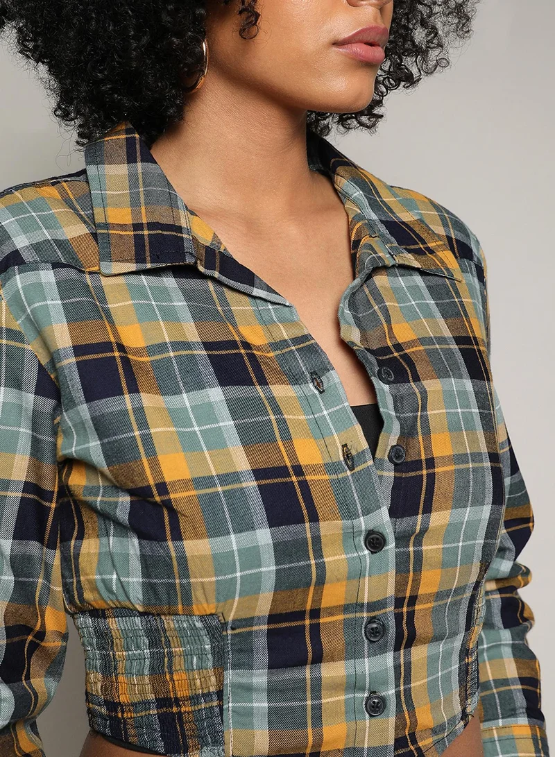 PINACOLADA Women's Multicolour Tartan Plaid Cinched Cropped Shirt