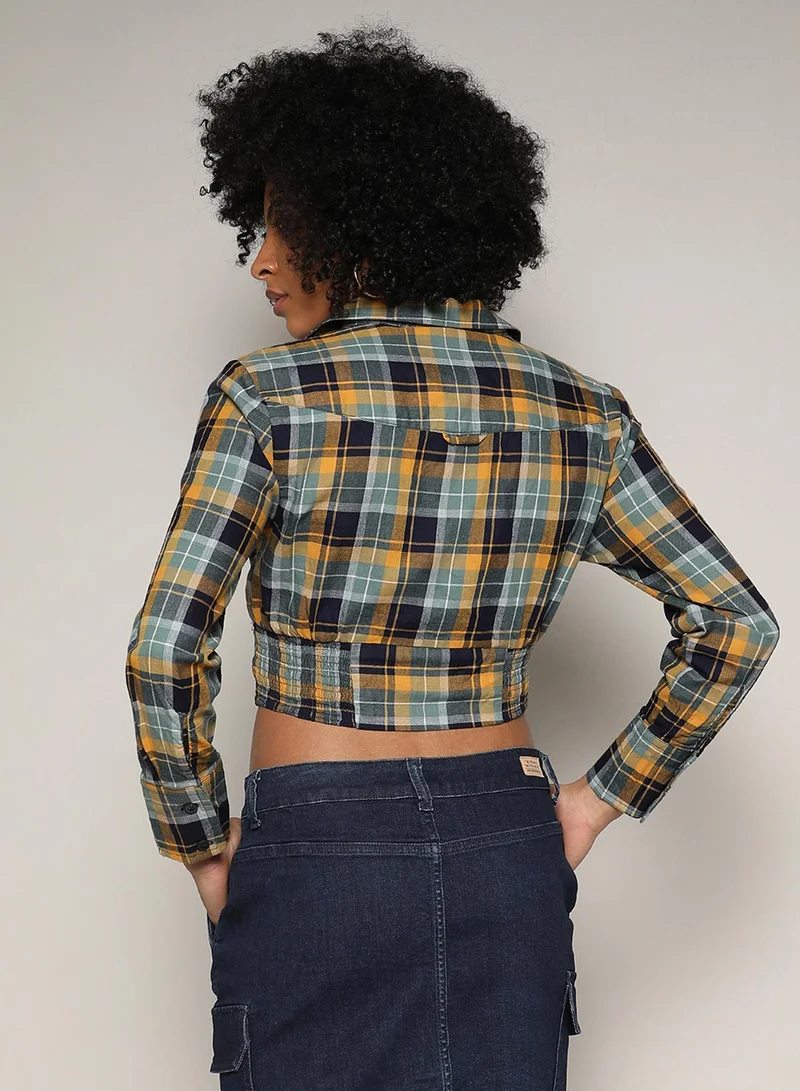 PINACOLADA Women's Multicolour Tartan Plaid Cinched Cropped Shirt