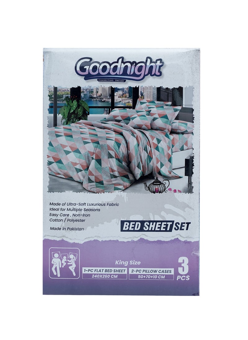 GOODNIGHT 3 Piece Luxury Bed Sheet Set with 1 Flat Sheet and 2 Pillowcases Crafted from Ultra Soft and Breathable Cotton and Polyester blend, Size 240 x 260 Cm, Assorted color 