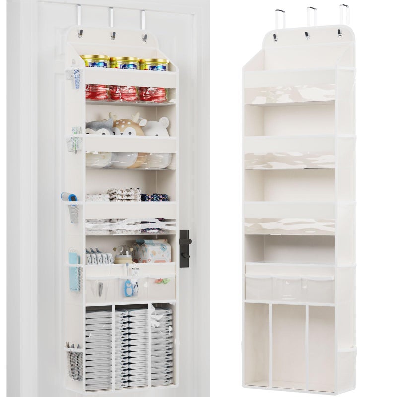 OneDream 5Tier Over the Door Organizer with Removable Storage Caddy Baby Clothes Organizer for Nursery Hanging Behind Door Storage with Clear Pockets and Side Mesh Compartments Beige - Image 2
