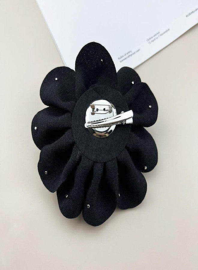 FUTIMELY Dainty Satin Fabric Rose Flower Large Brooch Pin Handmade Big Camellia Brooch Lapel Pins Wedding Party Dance Banquet Dress Suit Ceremony Clothes Accessories Jewelry Gifts for Women (Black1) - Image 4