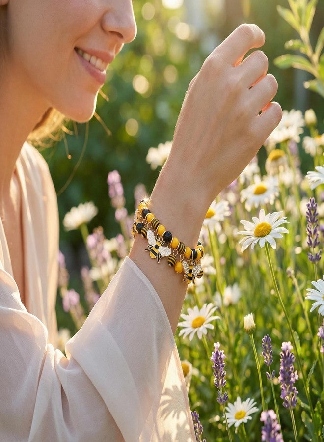 HSWE Bee Beaded Bracelets for Women Yellow Black Bumble Bee Charms Beaded Elastic Stretch Bracelet Funny Insect Friendship Bangle Wrist Jewelry for Spring Summer Holiday Party Gift - Image 2