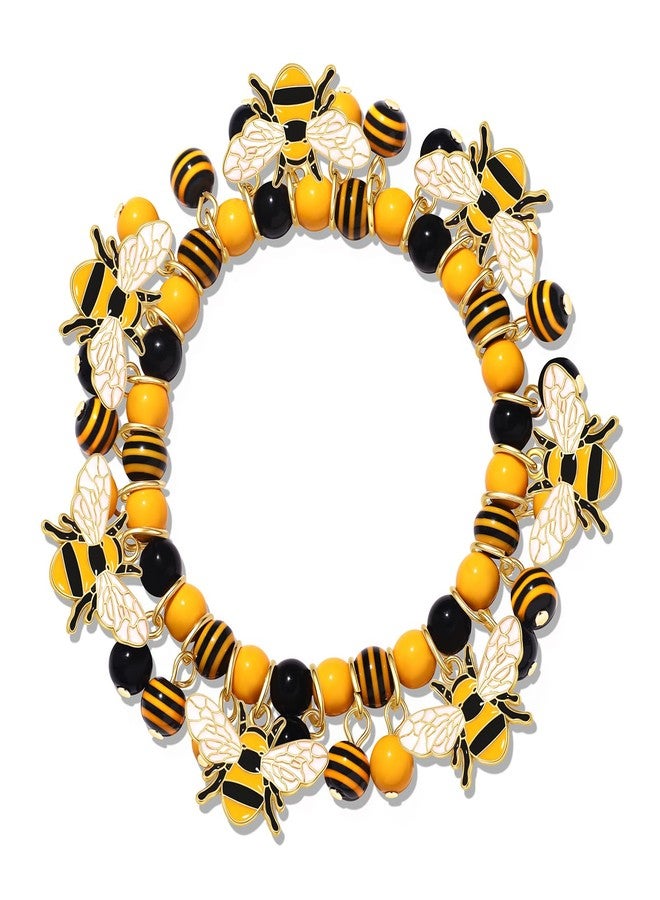 HSWE Bee Beaded Bracelets for Women Yellow Black Bumble Bee Charms Beaded Elastic Stretch Bracelet Funny Insect Friendship Bangle Wrist Jewelry for Spring Summer Holiday Party Gift - Image 1