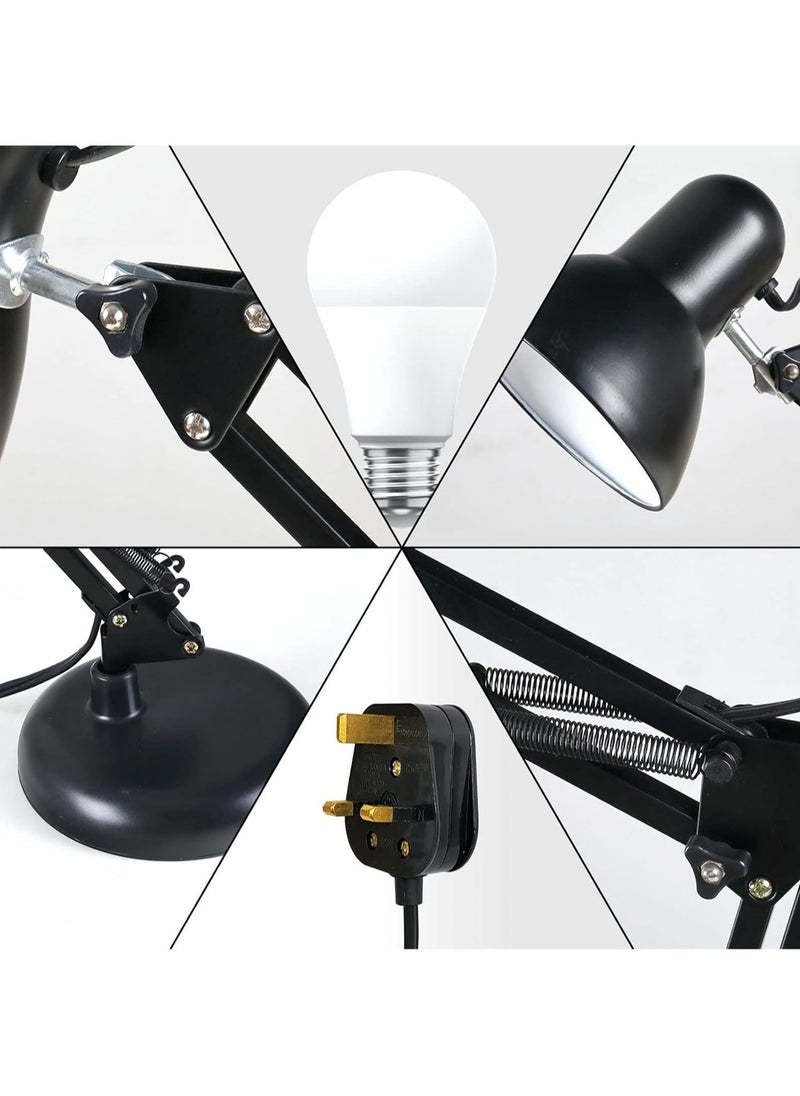 Sparkling Wonderful Metal Swing Arm Desk Lamp, Multi Joint Adjustable Arm LED Table Lights with Interchangeable Base Or Clamp for Working, Gaming. Desk Lamp (Black body, 1 Bulbs),E27 base