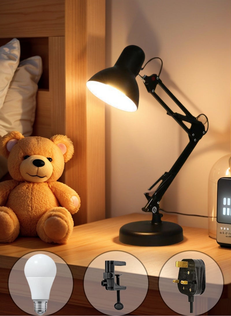 LOOPITYS Sparkling Wonderful Metal Swing Arm Desk Lamp, Multi Joint Adjustable Arm LED Table Lights with Interchangeable Base Or Clamp for Working, Gaming. Desk Lamp (Black body, 1 Bulbs),E27 base - Image 1