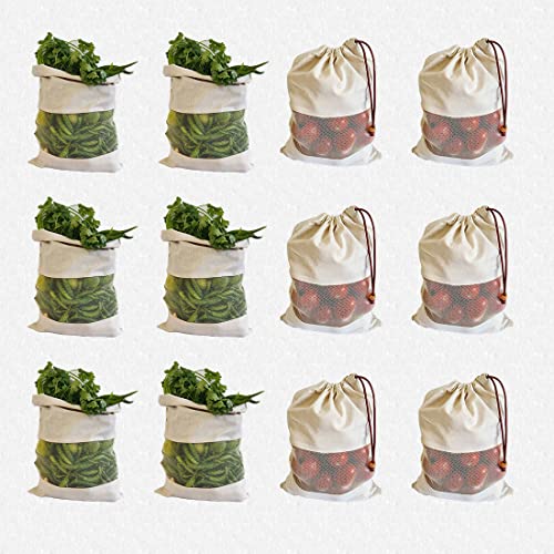 Fab Ellite Cotton Vegetable Bags Fridge Storage Bag Sabji Fruits Pouch Refrigerator Produce bags Clothe Muslin Reusable Washable with Drawstrings (Beige, Pack of 12) - Image 1