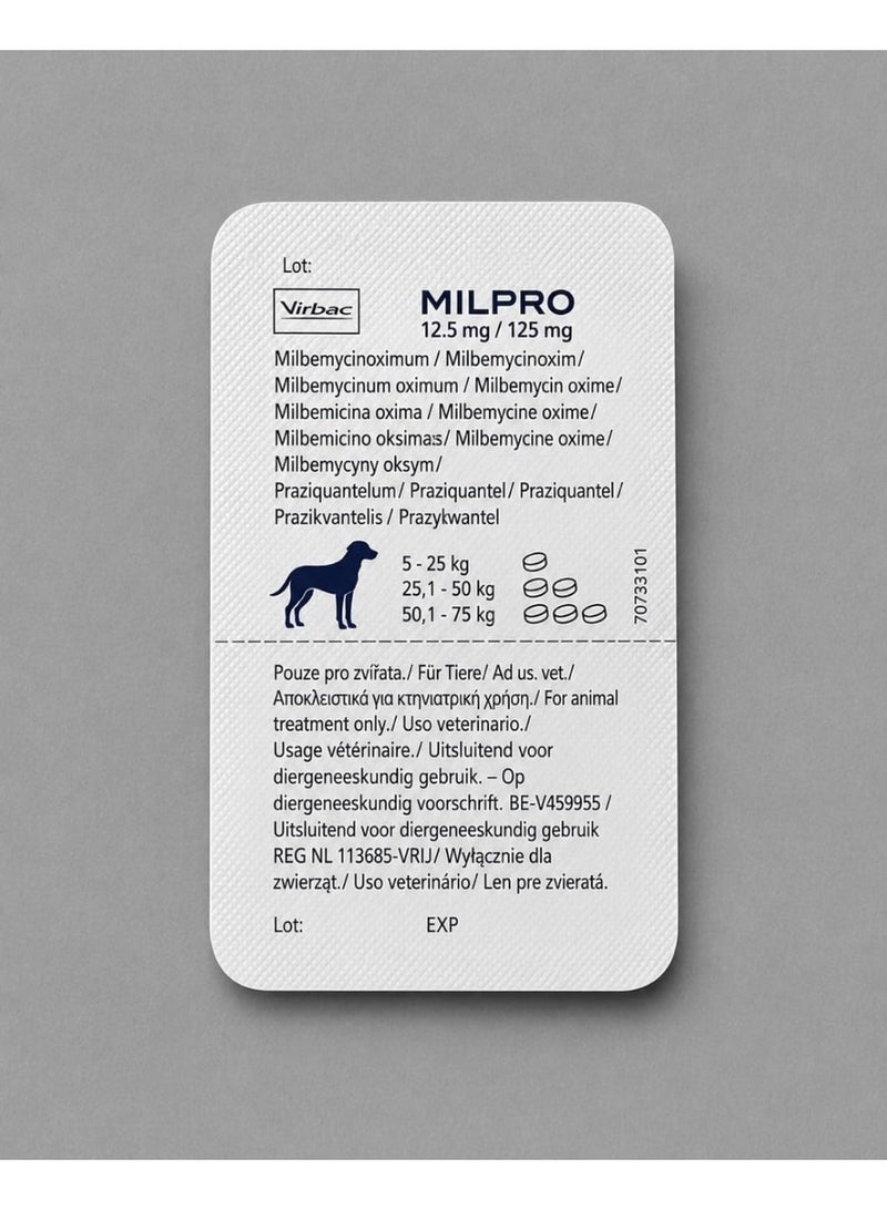 Milpro Deworming Tablets for Dogs 5-75 kg, 12.5 mg/125 mg, Milbemycin Oxime and Praziquantel, 2 Tablets