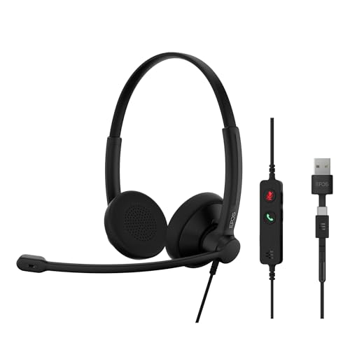 EPOS سماعة EPOS Impact 100 UC ستيريو USB-C+A مع ميكروفون، اتصالات عالمية، ميكروفون مانع للضوضاء، خفيفة الوزن، تحكم في المكالمات، محول USB، وسادات أذن ناعمة، استخدام احترافي للأعمال - Image 1