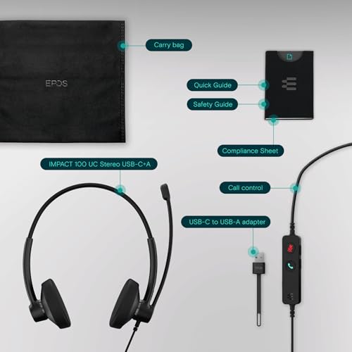 EPOS سماعة EPOS Impact 100 UC ستيريو USB-C+A مع ميكروفون، اتصالات عالمية، ميكروفون مانع للضوضاء، خفيفة الوزن، تحكم في المكالمات، محول USB، وسادات أذن ناعمة، استخدام احترافي للأعمال - Image 5