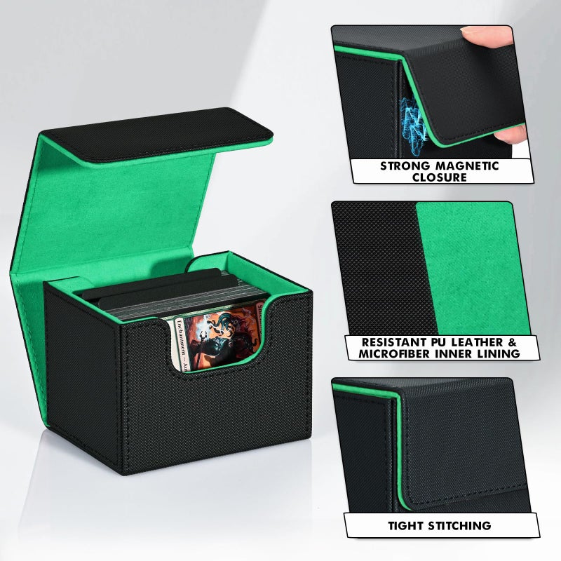 ZLCA Card Deck Box for Trading Cards, MTG Commander Deck Box Holds 120+ Single Sleeved, Leather Magnetic Card Storage Case Fits for TCG CCG Magic(Black& Dark Green) - Image 5