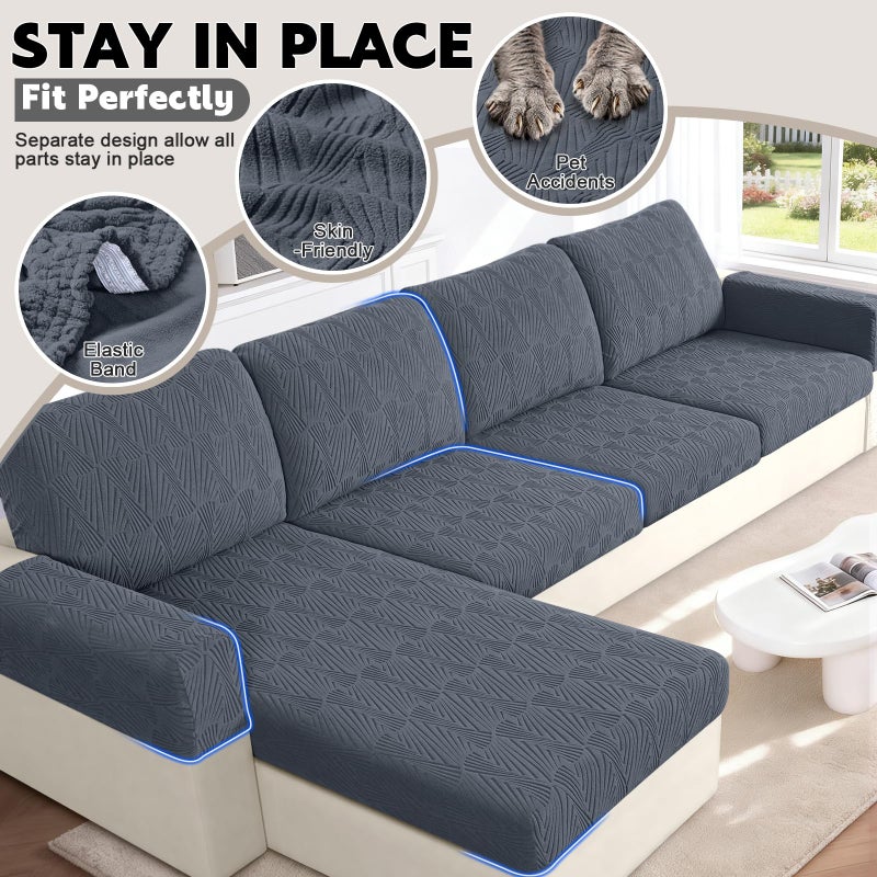 VANSOFY Couch Cushion Covers for Sectional Sofa, Stretch Jacquard Couch Seat Cushion Covers, Individual Washable Furniture Protector Sofa Slipcovers for Pet (3 Seater+1 Chaise Cover, Grey) - Image 4