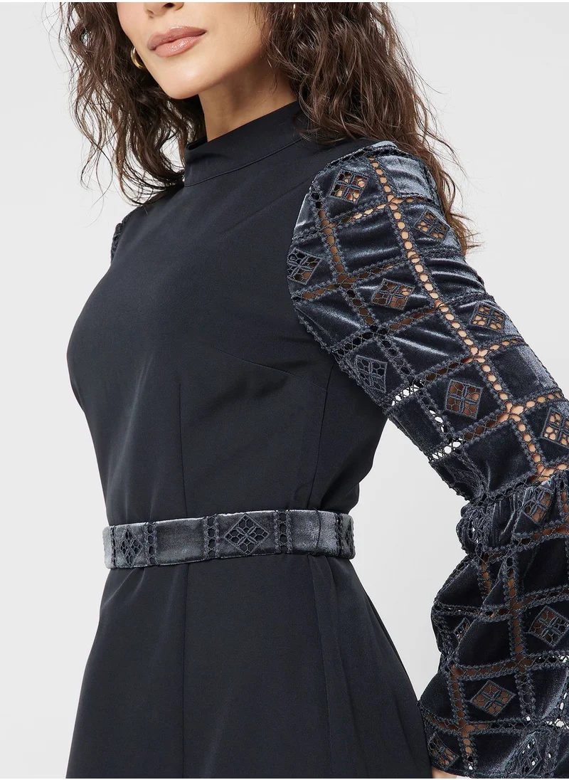 French Connection High Neck Lace Detail Dress