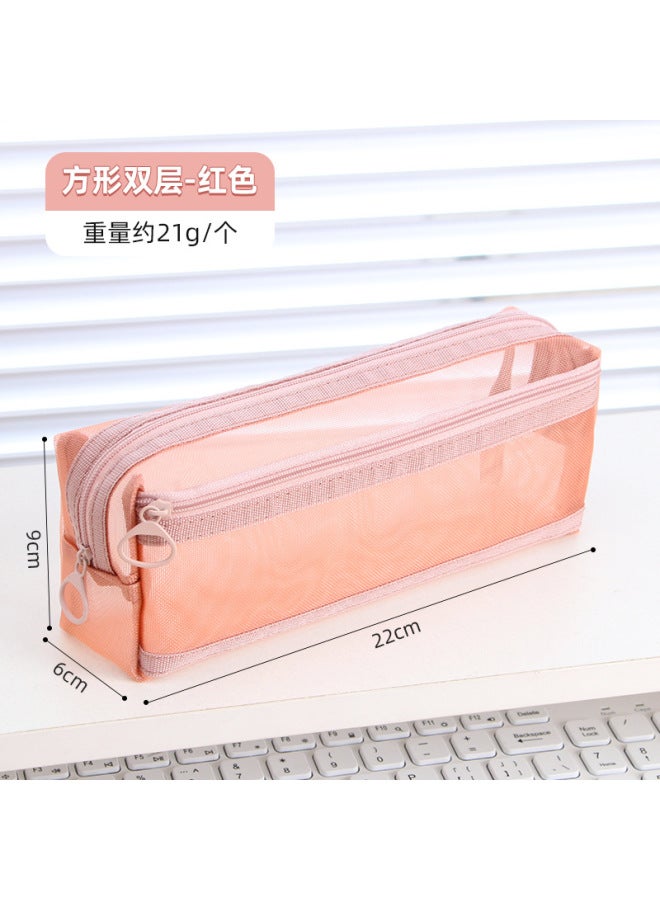 HELPS Creative Mesh Transparent Pen Bag Rectangular Student Exam Zipper Large Capacity Pencil Bag Stationery Box - Image 1