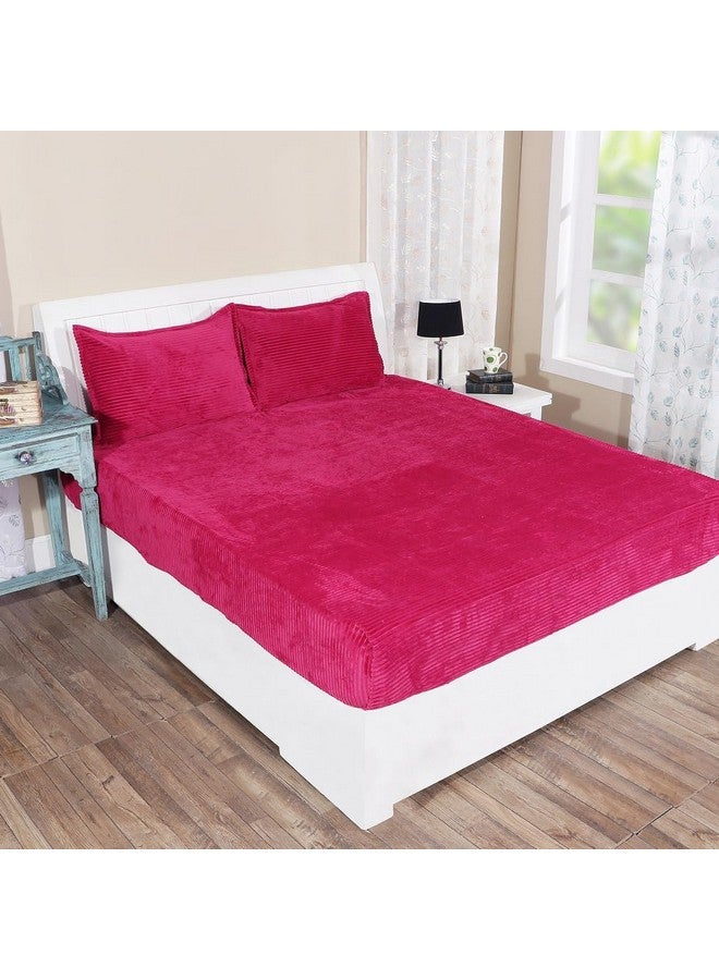 RD TREND 190 GSM Warm Flannel Elastic Fitted Striped bedsheets for Winter King Size(78X72X8 Inch) with 2 Pillow Cover Size 18x28 Inches Color-Magenta,Striped - Image 1