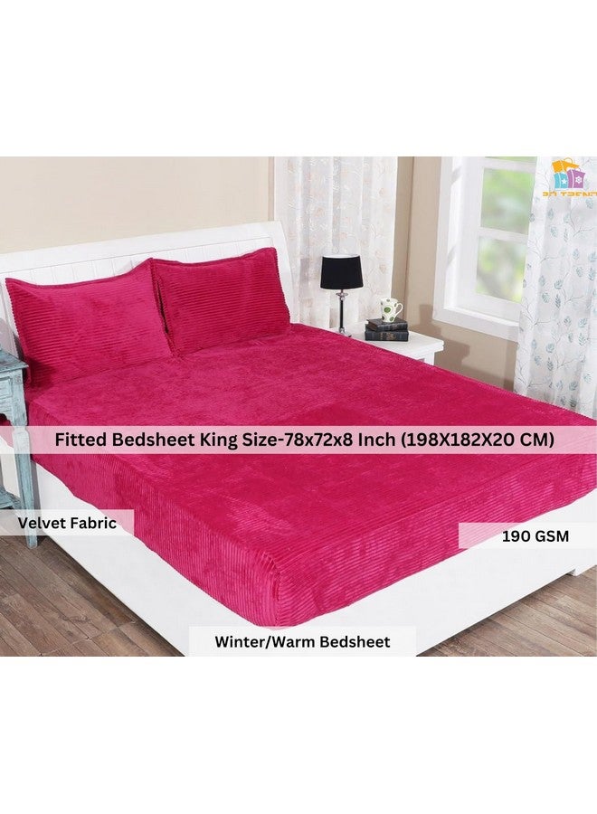 RD TREND 190 GSM Warm Flannel Elastic Fitted Striped bedsheets for Winter King Size(78X72X8 Inch) with 2 Pillow Cover Size 18x28 Inches Color-Magenta,Striped - Image 2