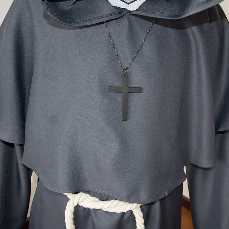 Halloween Hooded Priest Costume With Cross Necklace Waist Belt Unisex Men Women Solid Long Father Vicar Fancy Dress Medieval Priest Cosplay Costumes - Image 2