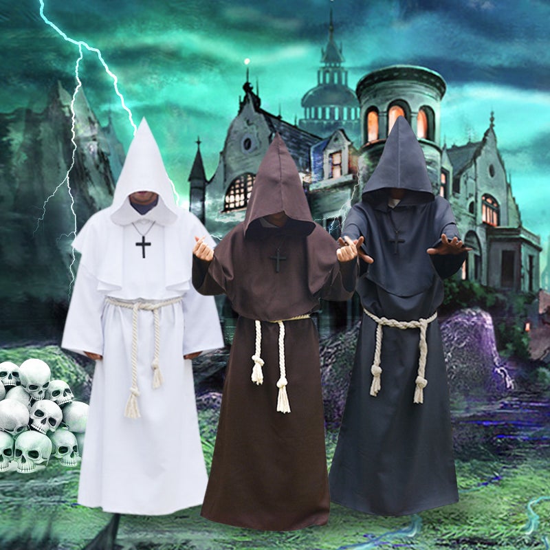 Halloween Hooded Priest Costume With Cross Necklace Waist Belt Unisex Men Women Solid Long Father Vicar Fancy Dress Medieval Priest Cosplay Costumes - Image 5