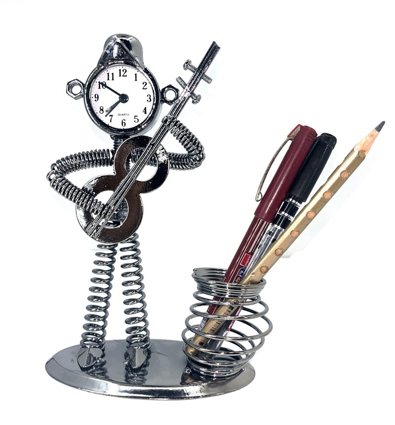 Schmick Metal Pen Stand for Table with Clock – Stylish Pen Holder for Office Desk, Study Table & Home Décor – Aesthetic Stationery Organizer (Silver, Violin) - Image 1