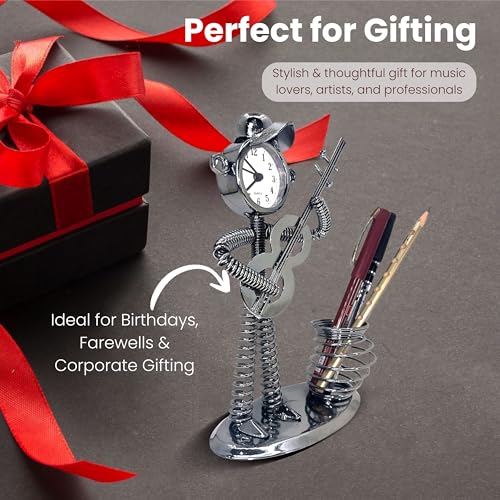 Schmick Metal Pen Stand for Table with Clock – Stylish Pen Holder for Office Desk, Study Table & Home Décor – Aesthetic Stationery Organizer (Silver, Violin) - Image 5