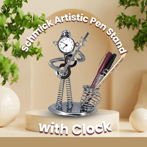 Schmick Metal Pen Stand for Table with Clock – Stylish Pen Holder for Office Desk, Study Table & Home Décor – Aesthetic Stationery Organizer (Silver, Violin) - Image 2