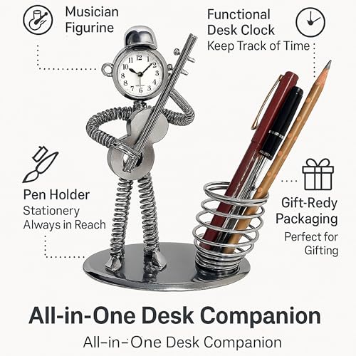 Schmick Metal Pen Stand for Table with Clock – Stylish Pen Holder for Office Desk, Study Table & Home Décor – Aesthetic Stationery Organizer (Silver, Violin) - Image 3