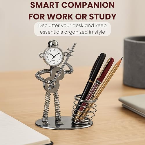 Schmick Metal Pen Stand for Table with Clock – Stylish Pen Holder for Office Desk, Study Table & Home Décor – Aesthetic Stationery Organizer (Silver, Violin) - Image 4