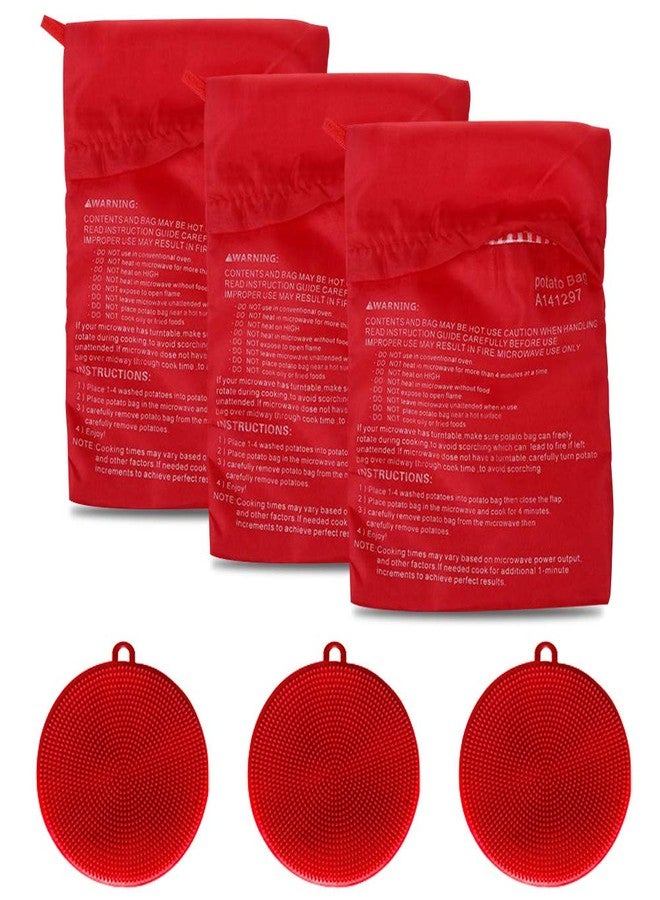 Roucerlin 3 Pack Microwave Potato Bag Kit with Silicone Vegetable Scrubber Brush, Reusable Baked Potato Pouch and Multipurpose Silicone Dish Sponge (Red) - Image 1