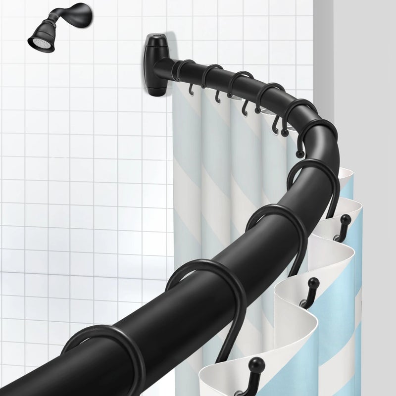 Bluejw Wall Mounted Adjustable Corner Shower Curtain Rod - Curved Matte Black Bathroom Tension Rod with Shower Curtain Rings Included - Image 1