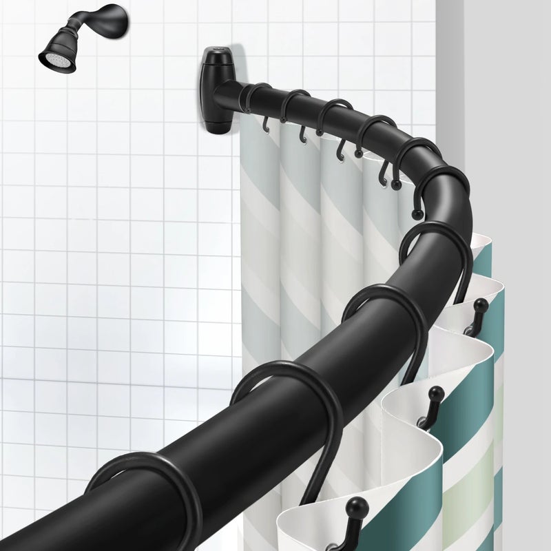 Bluejw Wall Mounted Adjustable Corner Shower Curtain Rod - Curved Matte Black Bathroom Tension Rod with Shower Curtain Rings Included - Image 2
