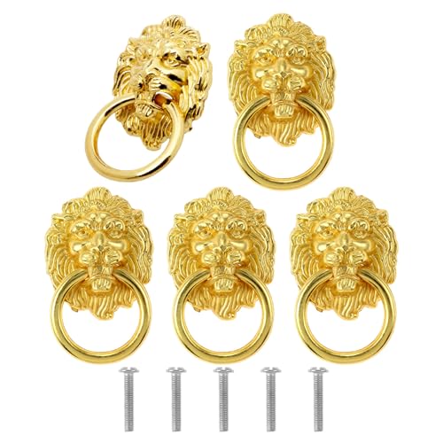 Mgoodoo 5PCS Drawer Lion Head Ring Pull, 1.65x2.64'' Antique Cabinet Handle Gold Vintage Door Knob for Nightstand Dresser Cupboard Closet Furniture Kitchen Bathroom Bedroom Wardrobe - Image 1