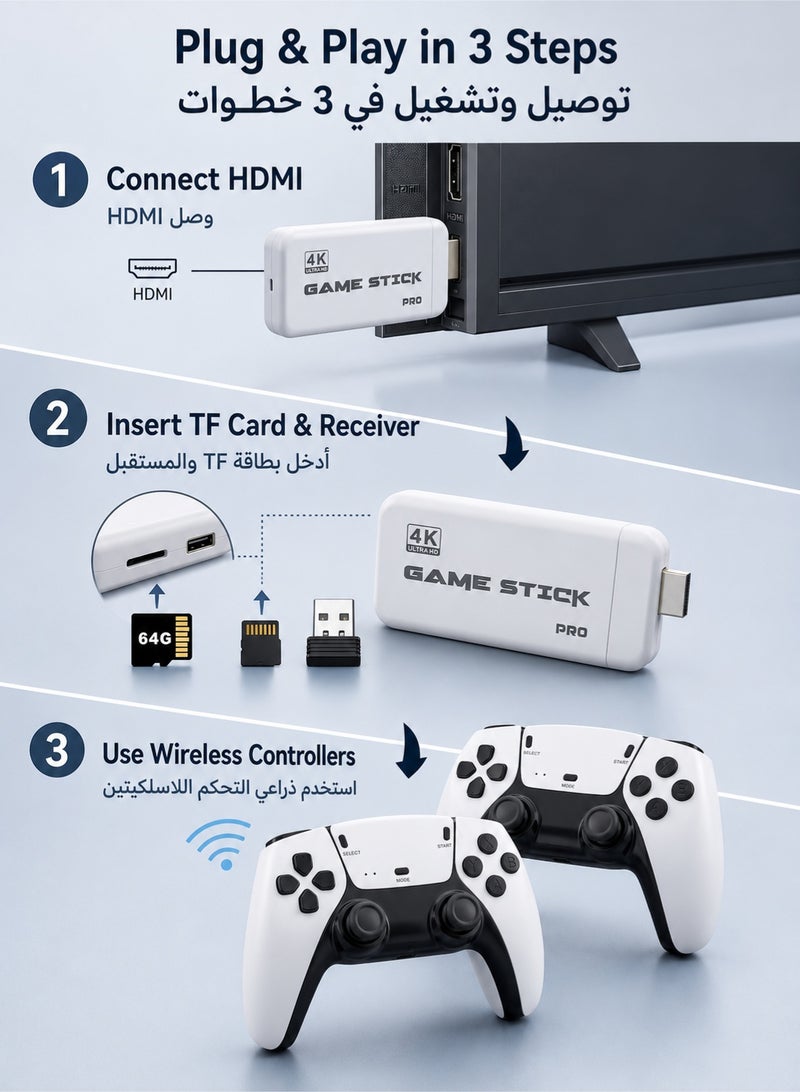 لوميترا عصا ألعاب ريترو M15 لاسلكية، جهاز ألعاب بتشغيل مباشر ومخرج HD مع يدين 2.4G وبطاقة TF سعة 64GB، أبيض - Image 5