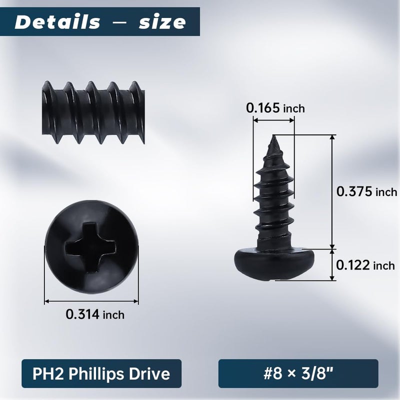 Glvaner #8 x 3/8 inch Phillips Pan Head Self Tapping Screws for Wood, Black Coated, 304 Stainless Steel 18-8, Round Head Sheet Metal Tek Screws, 50 pcs - Image 3