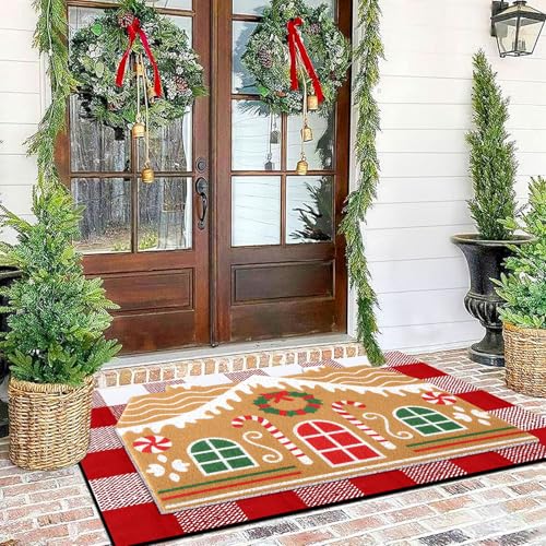 Tinideya 2 Pcs Door Mat Welcome Non Slip Coir Mats Floor Layering Doormats Seasonal for Front Porch Entryway DecorGingerbread House - Image 3