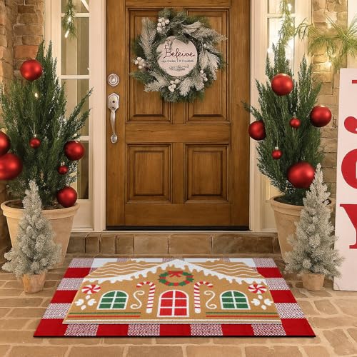 Tinideya 2 Pcs Door Mat Welcome Non Slip Coir Mats Floor Layering Doormats Seasonal for Front Porch Entryway DecorGingerbread House - Image 1