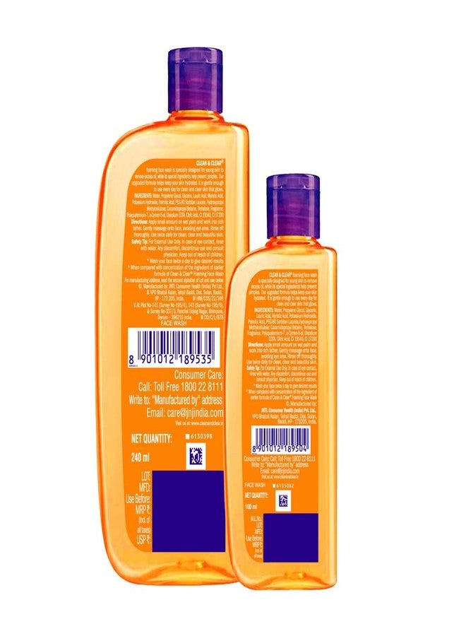 Clean & Clear Foaming face wash for oily skin, removes 99.8% pimple causing germs, Home & travel combo pack offer- Buy 240ml Get 100ml Free - Image 1