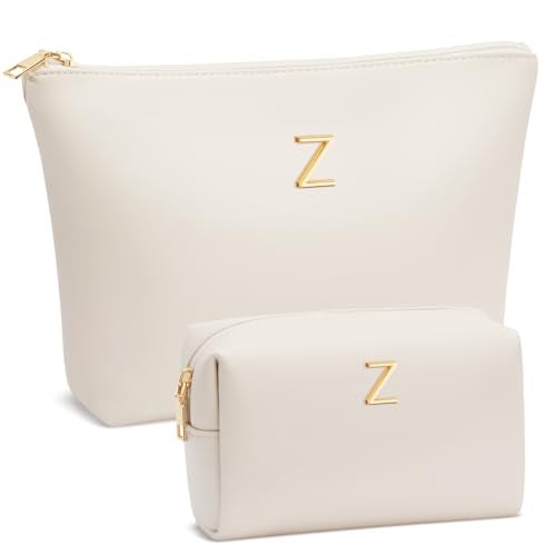 CLOUDWINGS Graduation Gifts Initial Makeup Bag for Women Personalized Gifts for Bridesmaid Teachers Friend Female College Cosmetic Travel Toiletry BagBeigeZ - Image 1