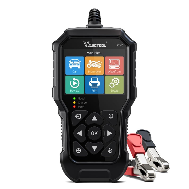 VDIAGTOOL BT300 جهاز اختبار بطارية السيارة 6V 12V 53000 CCA جهاز اختبار الحمل جهاز اختبار البدء والمولد جهاز اختبار نظام الشحن والتشغيل للدراجات النارية والسيارات والشاحنات وسيارات الدفع الرباعي والدراجات المائية