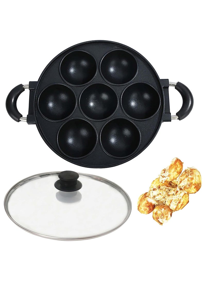 DubaiGallery مقلاة تاكويكي كبيرة الفتحة من اليابان مع غطاء زجاجي، قالب كعك، مقلاة خبز، قلي البيض، مقلاة بوفيرتس، مقلاة أبام، مقلاة بانخ كوت، قالب كعك، صانع تاكويكي، غير لاصق، (7 ثقوب) - Image 1