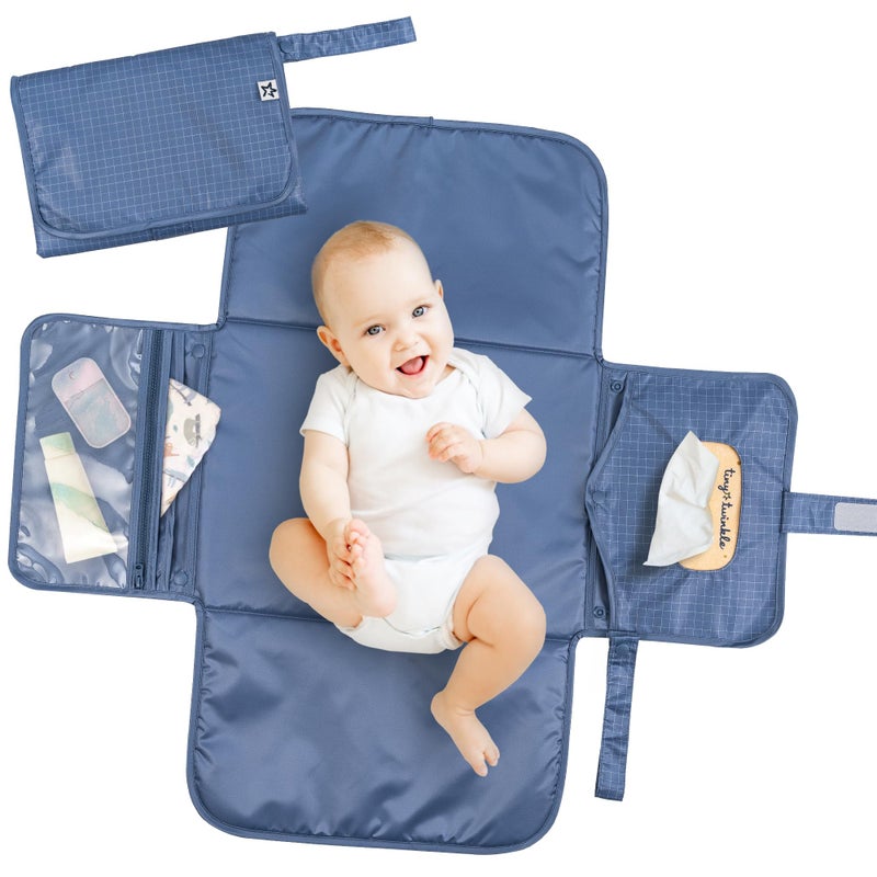 Tiny Twinkle Portable Diaper Changing Pad | Waterproof, Wipeable & Compact Baby Changing Pad for Travel | Smart Wipes Pocket & Organized Storage| Newborn Shower Gift (Grid) - Image 1