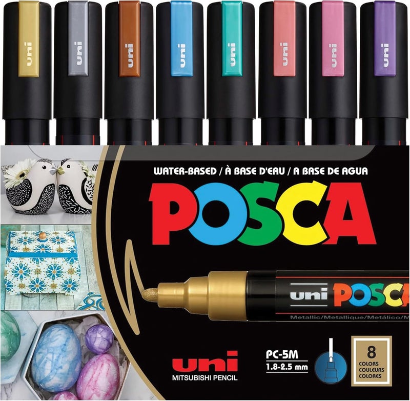 بوسكا أقلام ماركر دائمة على أساس مائي من POSCA PC-5M، مجموعة من 8 أقلام (ألوان معدنية) - Image 1