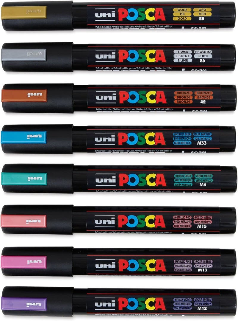 بوسكا أقلام ماركر دائمة على أساس مائي من POSCA PC-5M، مجموعة من 8 أقلام (ألوان معدنية) - Image 3
