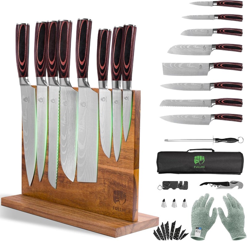FULLHI 14/15pcs Japanese Multiple Colour Premium German Stainless Steel Kitchen Knife Set (Coffee wood, Magnetic Block Knife set) - Image 1
