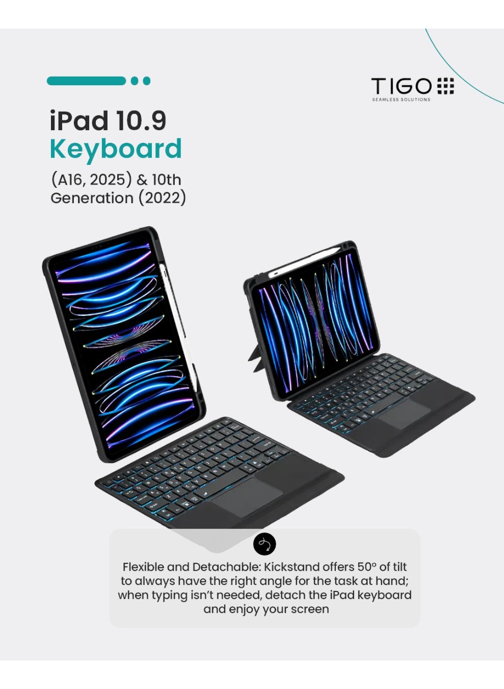 iPad 11th (A16, 2025) & 10.9 10th Gen 2022 Keyboard Case, with English & Arabic Language, Magnetic Detachable, Smart Trackpad, Adjustable Stand, Portrait/Landscape Dual Mode, 7 color Backlit Keyboard for iPad 11th A16, 2025 & iPad 10th 10.9” 2022